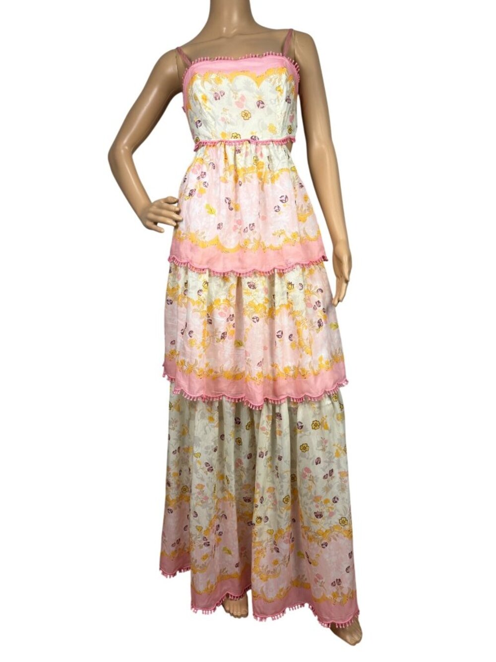 JardinVue Pink Floral Tiered Maxi Dress XS/S Boho Cottagecore Zimmerman Inspired